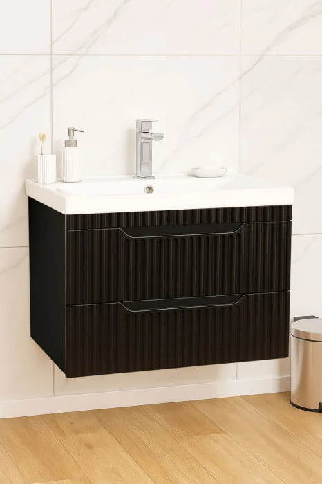 Set Baza front MDF si Lavoar seria 733, suspendata, cu sertare, montat, 70 cm, negru Set Baza front MDF si Lavoar seria 733, suspendata, cu sertare, montat, 70 cm, negru