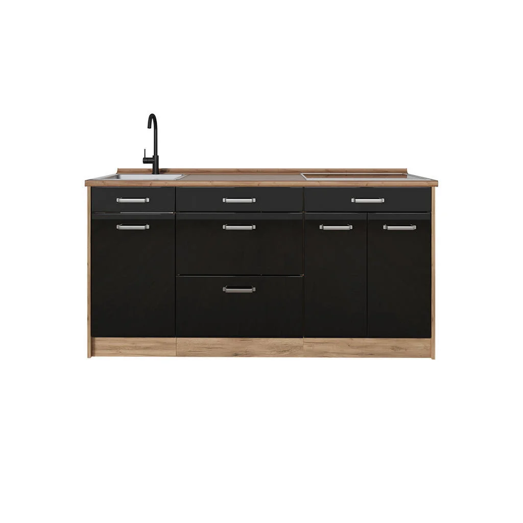 BLOC BUCATARIE R-Line, Negru lucios ridicat/Stejar auriu, 160 cm fără blat de lucru BLOC BUCATARIE R-Line, Negru lucios ridicat/Stejar auriu, 160 cm fără blat de lucru