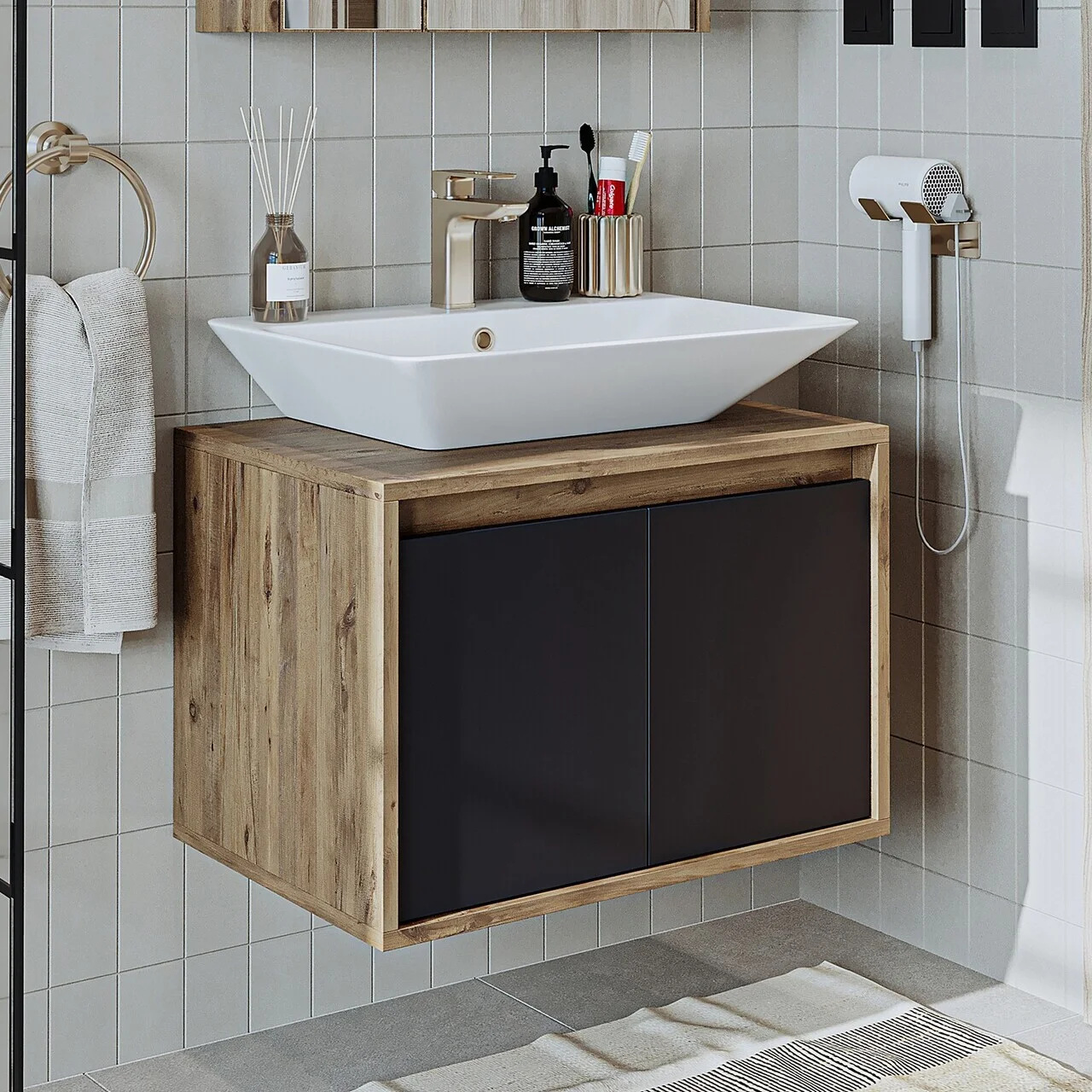 Dulap de baie cu chiuvetă, Hanah Home, 1707, 65x58x45 cm, MDF-LAM, Pin Atlantic / Antracit Dulap de baie cu chiuvetă, Hanah Home, 1707, 65x58x45 cm, MDF-LAM, Pin Atlantic / Antracit