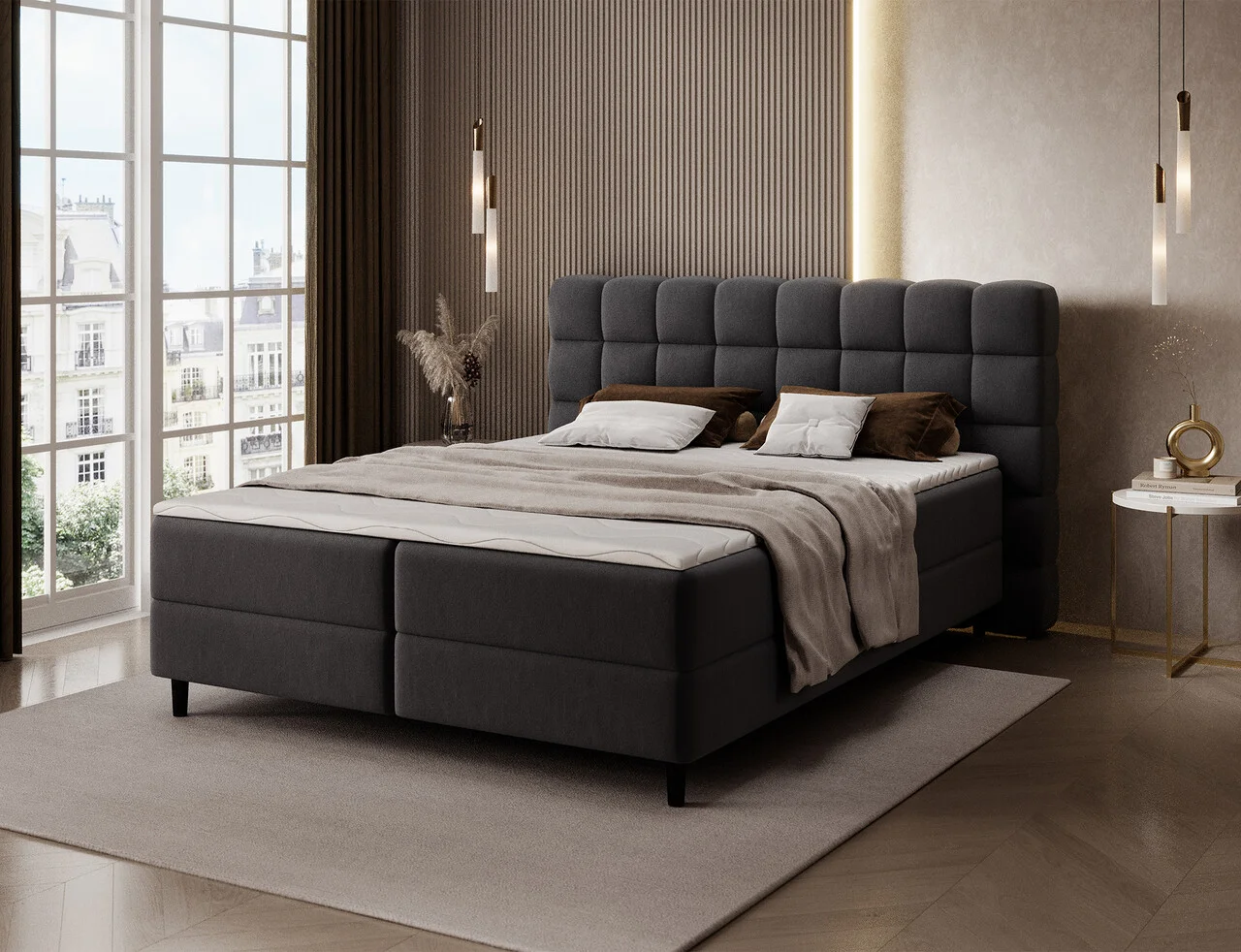 Pat continental tapitat cu lada depozitare, 160x200 cm, ELTAP, Camma, lemn/poliester, negru Pat continental tapitat cu lada depozitare, 160x200 cm, ELTAP, Camma, lemn/poliester, negru