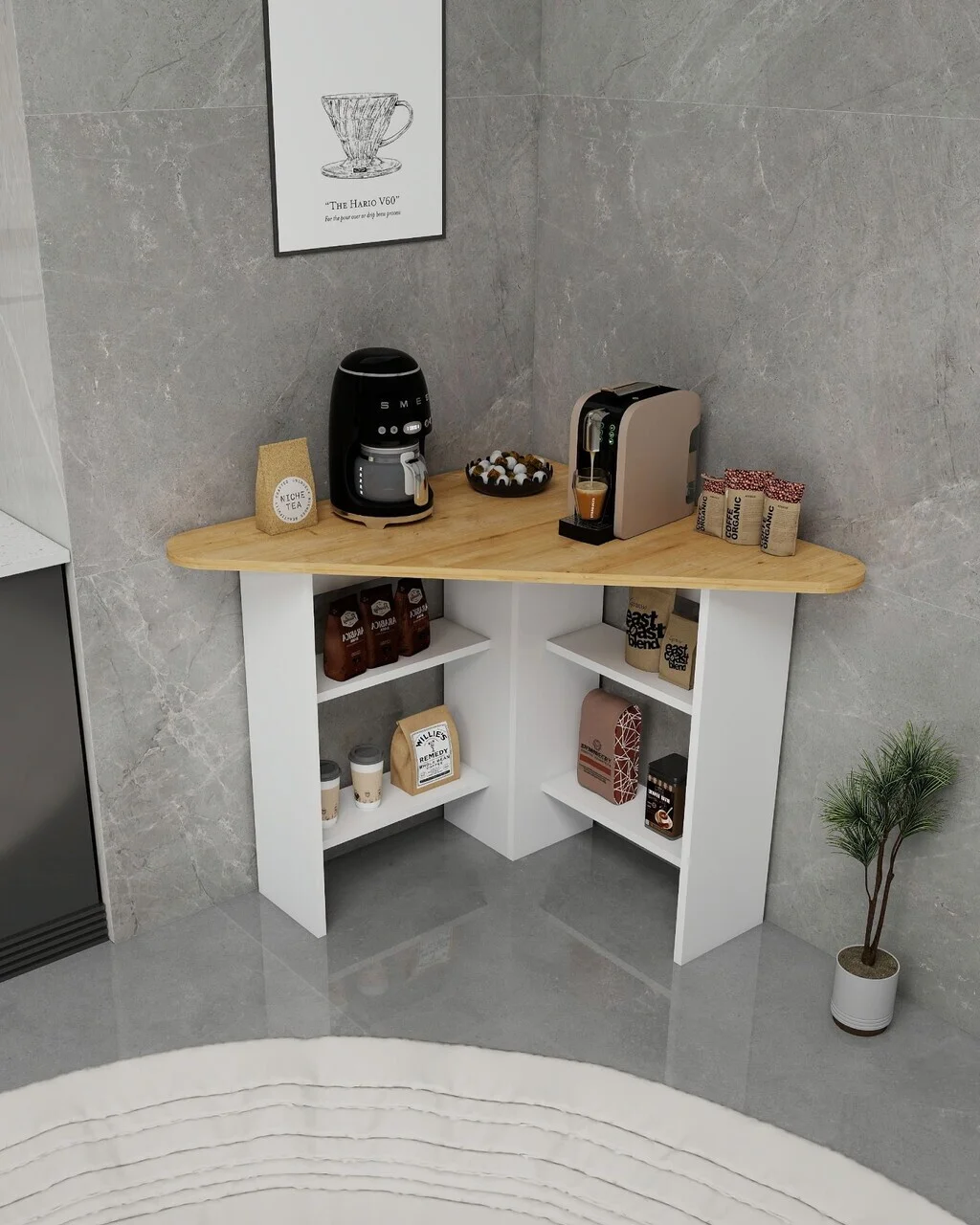 Masa de bucatarie, Hanah Home, Corner, 80x73.8x80 cm, PAL, Stejar Safir / Alb Masa de bucatarie, Hanah Home, Corner, 80x73.8x80 cm, PAL, Stejar Safir / Alb