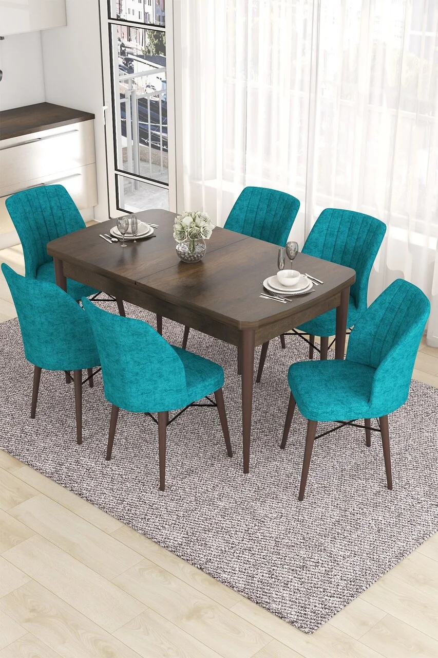 Set masa extensibila si scaune (7 piese), Hanah Home, Eva, Baroc / Turcoaz Set masa extensibila si scaune (7 piese), Hanah Home, Eva, Baroc / Turcoaz