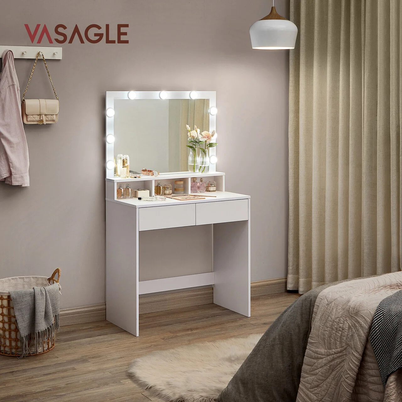 Masa de toaleta cu oglinda cu LED-uri / masuta dressing, Vasagle, 80s40s137.5 cm, MDF, alb Masa de toaleta cu oglinda cu LED-uri / masuta dressing, Vasagle, 80s40s137.5 cm, MDF, alb