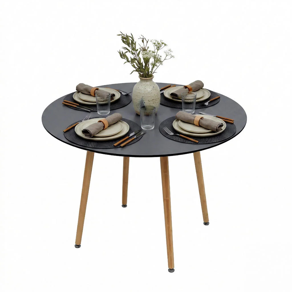 MASĂ Neagră de dining rotundă picioare din bambus 90 cm MASĂ Neagră de dining rotundă picioare din bambus 90 cm