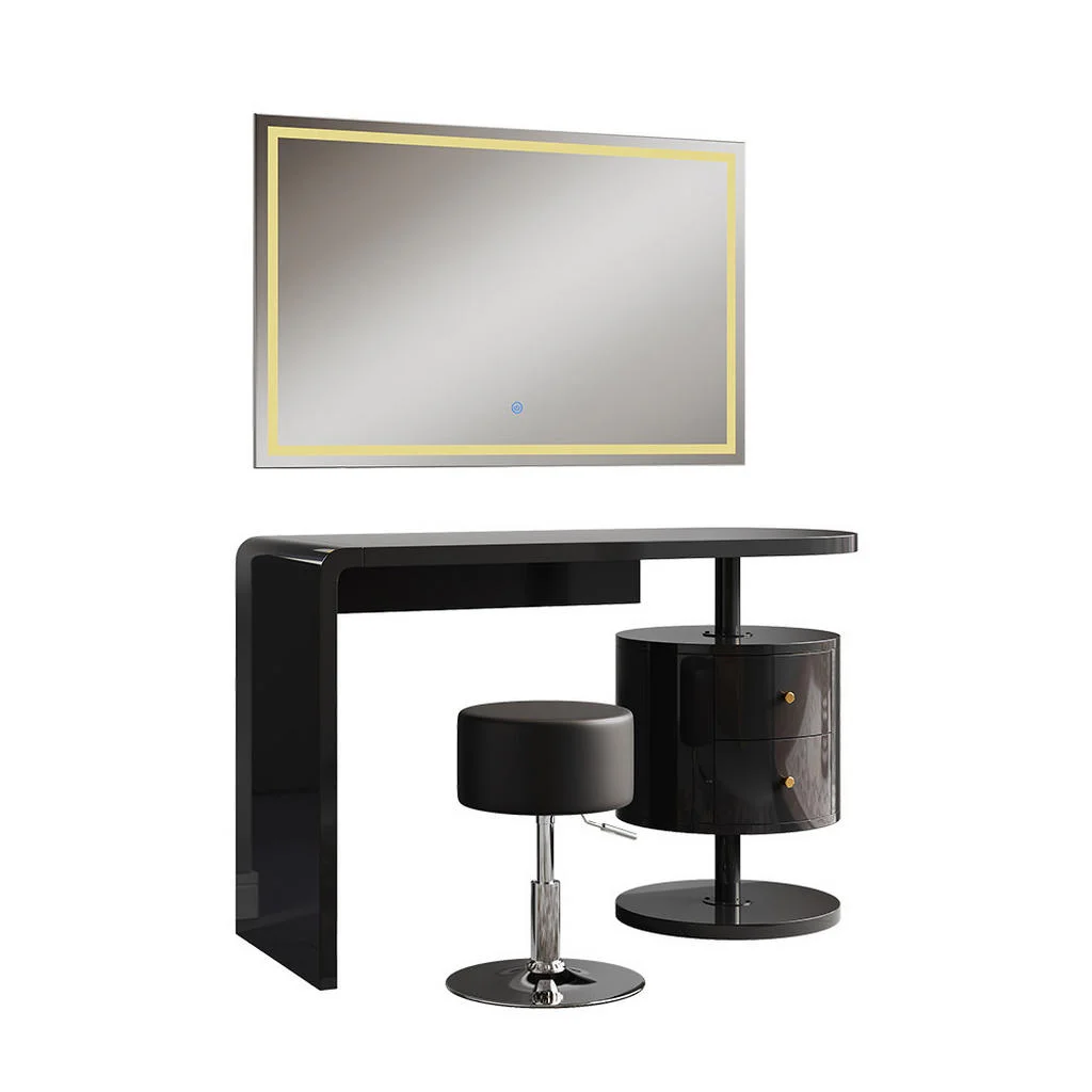 MASUTA DE TOALETA Lara, Negru lucios ridicat, 120 cm cu oglinda LED si taburet MASUTA DE TOALETA Lara, Negru lucios ridicat, 120 cm cu oglinda LED si taburet