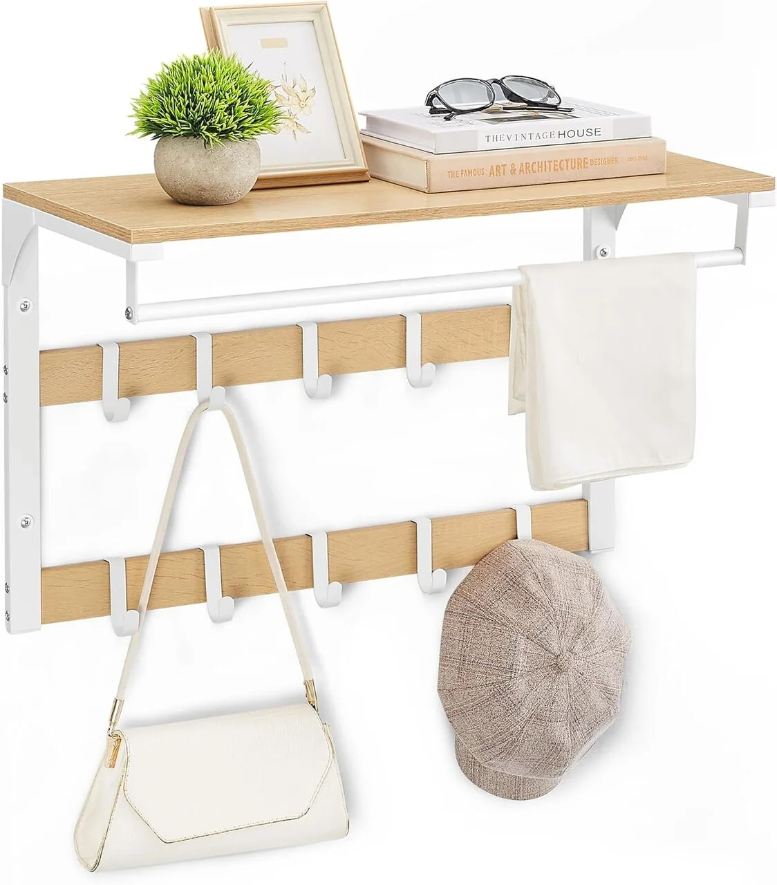 Cuier de perete cu 10 agatatori, Vasagle, 65x30x42 cm, PAL/otel, alb/natural Cuier de perete cu 10 agatatori, Vasagle, 65x30x42 cm, PAL/otel, alb/natural