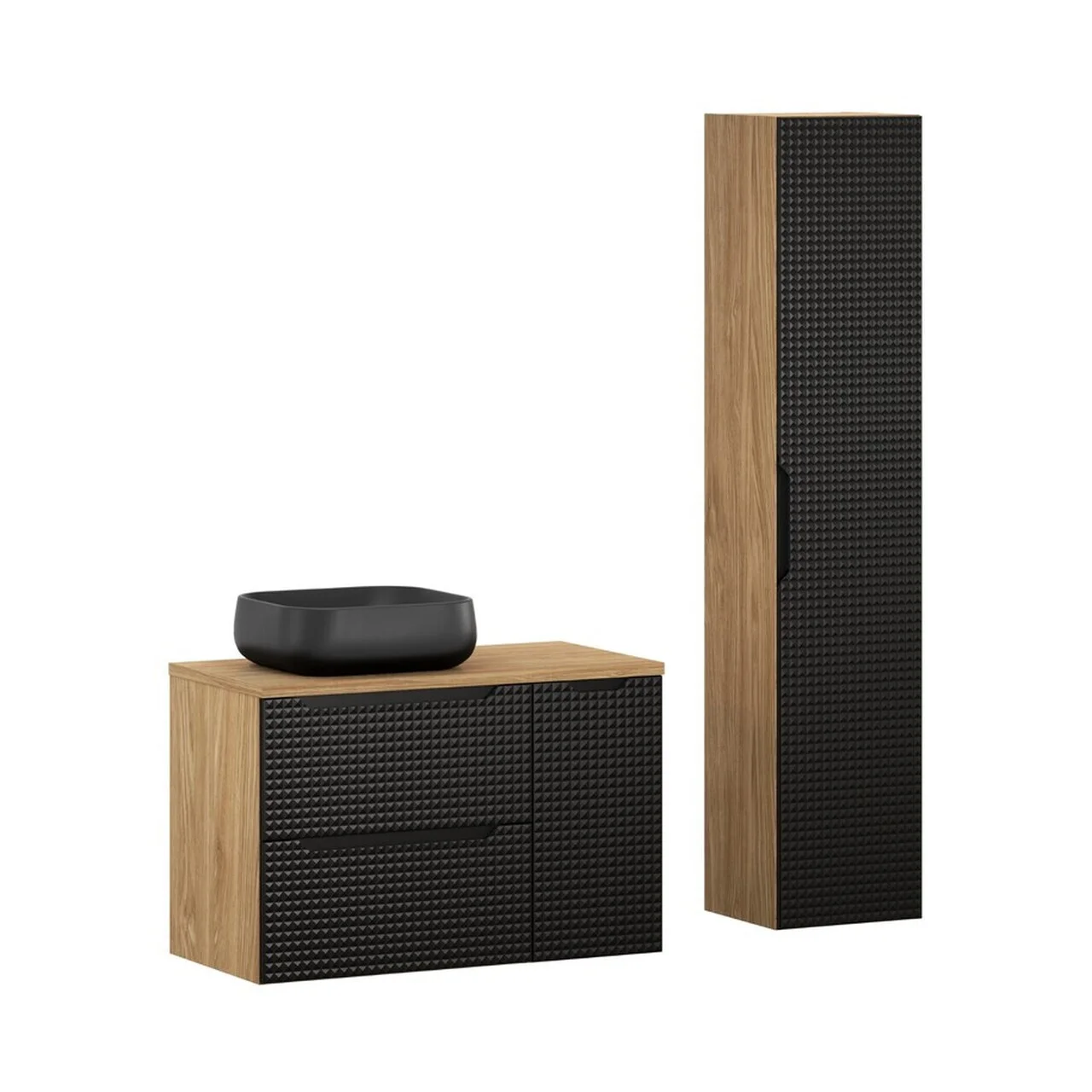 Set mobilier baie Luxor Black 90 cm, dulap inalt si masca cu lavoar, Comad, MDF/PAL, stejar/negru Set mobilier baie Luxor Black 90 cm, dulap inalt si masca cu lavoar, Comad, MDF/PAL, stejar/negru