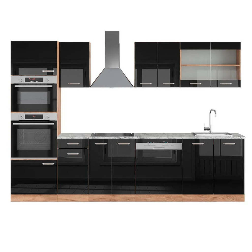 KITCHENETTE R-Line Negru lucios/Stejar Goldkraft 300 cm cu dulap înalt, marmură AP KITCHENETTE R-Line Negru lucios/Stejar Goldkraft 300 cm cu dulap înalt, marmură AP