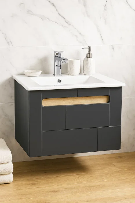 Set Baza front MDF si Lavoar seria 032, suspendata, cu sertar, montat, 60 cm, antracit + sonoma Set Baza front MDF si Lavoar seria 032, suspendata, cu sertar, montat, 60 cm, antracit + sonoma