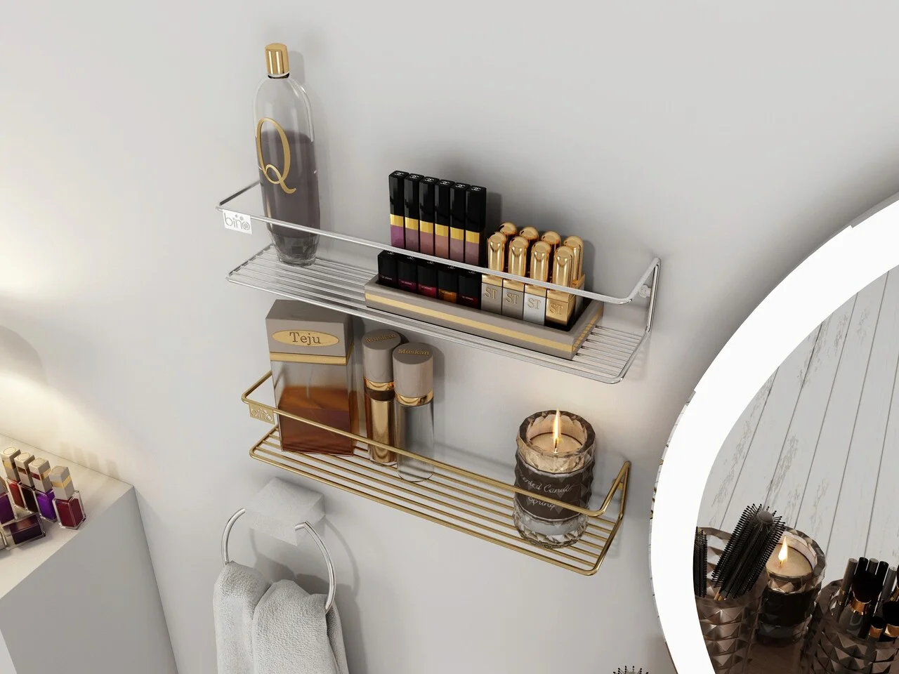 Raft de perete, Hanah Home, Banyo Makyaj Rafı, Suport pentru condimente, Auriu Raft de perete, Hanah Home, Banyo Makyaj Rafı, Suport pentru condimente, Auriu