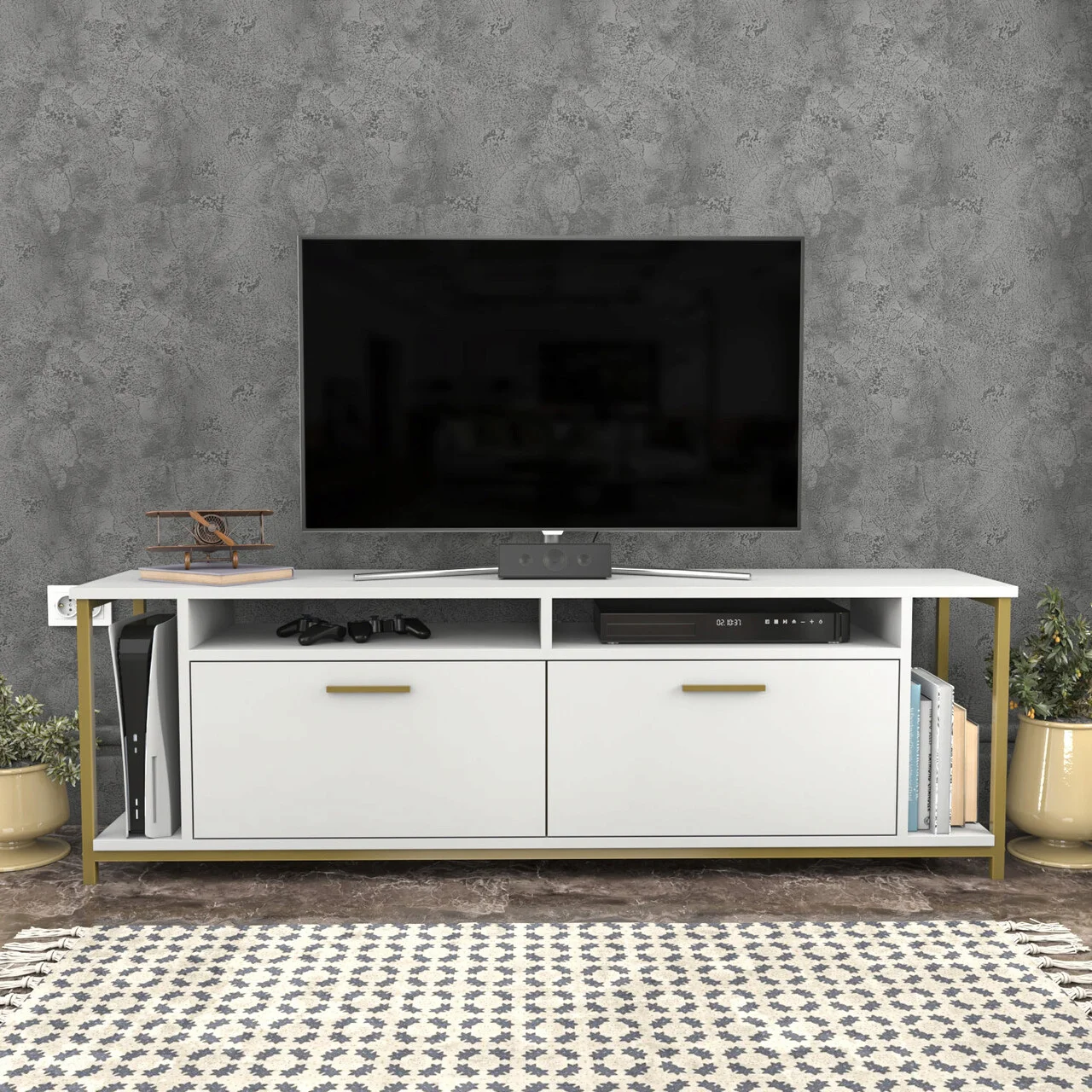 Comoda TV, Hanah Home, Omar, 160x35x50.8 cm, Alb/Auriu Comoda TV, Hanah Home, Omar, 160x35x50.8 cm, Alb/Auriu