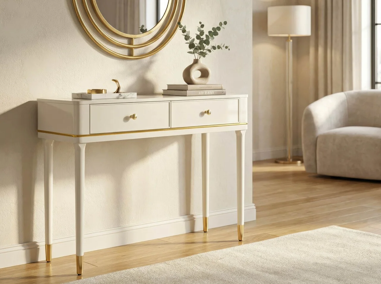 Consola, Mauro Ferretti, Camille, 101x37x78 cm, lemn de pin, alb/auriu Consola, Mauro Ferretti, Camille, 101x37x78 cm, lemn de pin, alb/auriu