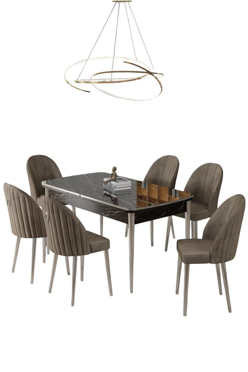 Set masa extensibila si scaune (7 piese), Hanah Home, Rada, Model de marmură neagră / Crom / Cappuccino Set masa extensibila si scaune (7 piese), Hanah Home, Rada, Model de marmură neagră / Crom / Cappuccino