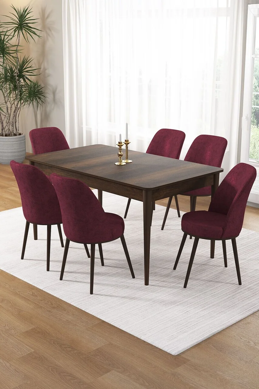Set masa si scaune (7 piese), Hanah Home, Pir, Model baroc din lemn / Burgundia Set masa si scaune (7 piese), Hanah Home, Pir, Model baroc din lemn / Burgundia