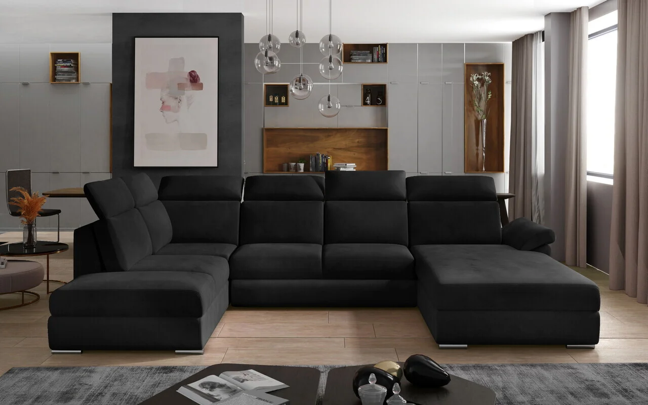 Coltar extensibil dreapta 5 locuri ELTAP, Evl-56, Evanell, 336x211x102 cm, lemn/poliester, negru Coltar extensibil dreapta 5 locuri ELTAP, Evl-56, Evanell, 336x211x102 cm, lemn/poliester, negru