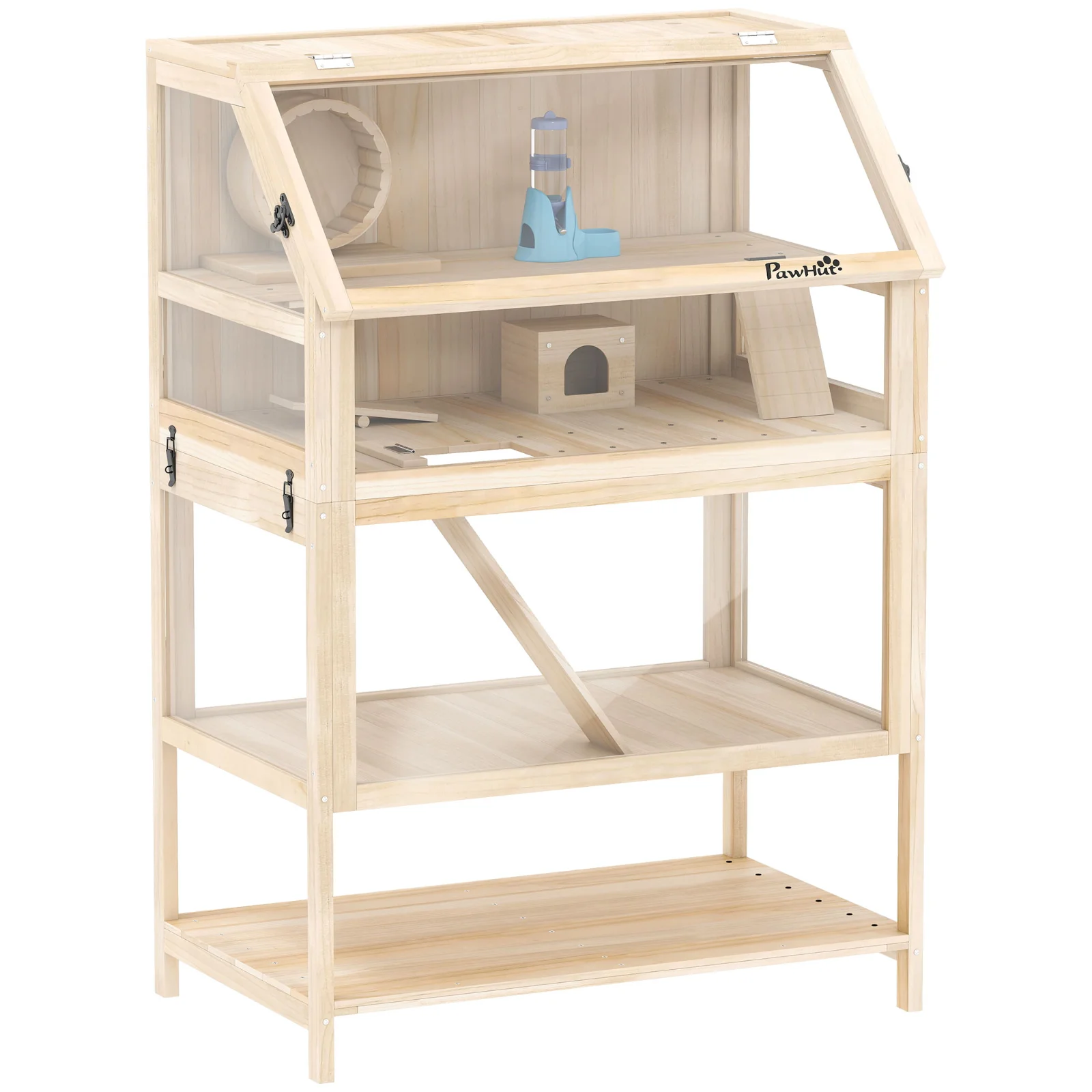 PawHut Cușcă pentru hamster din lemn 3 etaje Cușcă pentru rozătoare cu podea detașabilă Raft Roată Balansoar Rampă Căsuță 80x53x117cm Lemn natural | Aosom Romania PawHut Cușcă pentru hamster din lemn 3 etaje Cușcă pentru rozătoare cu podea detașabilă Raft Roată Balansoar Rampă Căsuță 80x53x117cm Lemn natural | Aosom Romania