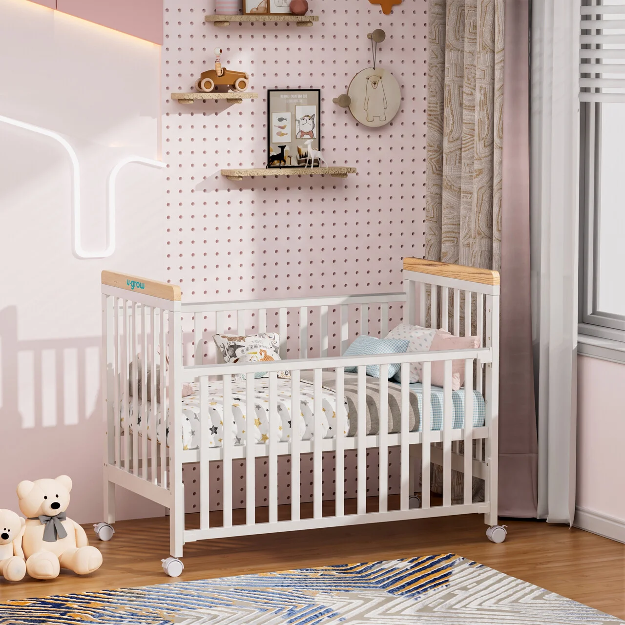Patut reglabil pentru copii, 60x120 cm, U-Grow, MDF/lemn, alb/natur Patut reglabil pentru copii, 60x120 cm, U-Grow, MDF/lemn, alb/natur