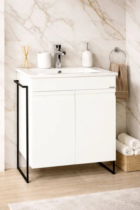 Set Baza front MDF si Lavoar seria 086, cadru metalic, montata, 60 cm, alb Set Baza front MDF si Lavoar seria 086, cadru metalic, montata, 60 cm, alb