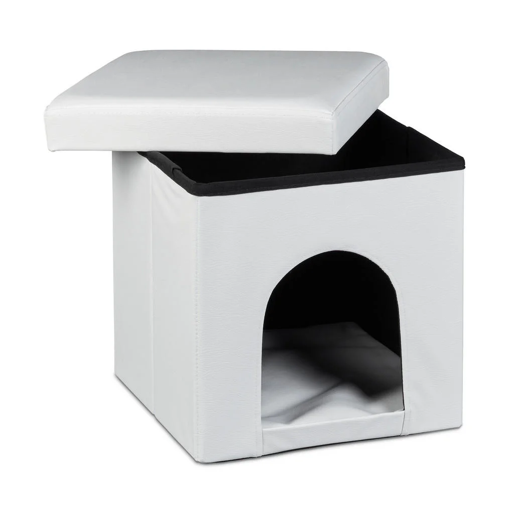 CUȘCĂ Albă taburet piele ecologică pliabilă 38x38x38 cm CUȘCĂ Albă taburet piele ecologică pliabilă 38x38x38 cm