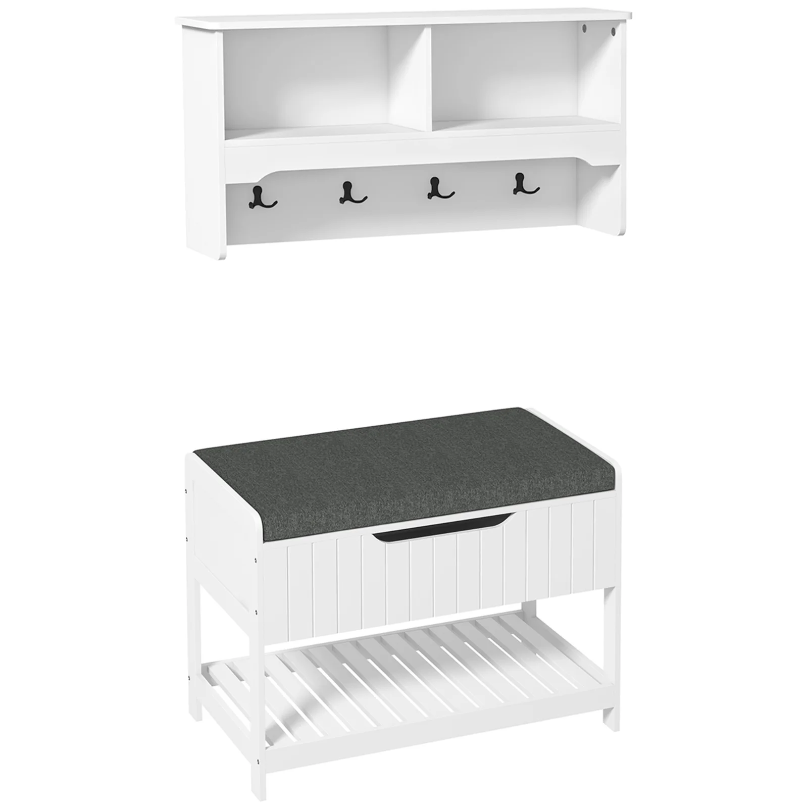 Cuier de Perete cu Banca Suport pentru Pantofi Dotata cu Cuburi de Perete, 4 Carlige si Raft Retractabil, 80x20x40 cm, Alb HOMCOM | Aosom RO Cuier de Perete cu Banca Suport pentru Pantofi Dotata cu Cuburi de Perete, 4 Carlige si Raft Retractabil, 80x20x40 cm, Alb HOMCOM | Aosom RO
