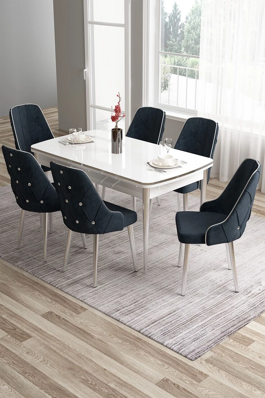Set masa si scaune (7 piese), Hanah Home, Tia, Alb / Crom / Antracit Set masa si scaune (7 piese), Hanah Home, Tia, Alb / Crom / Antracit