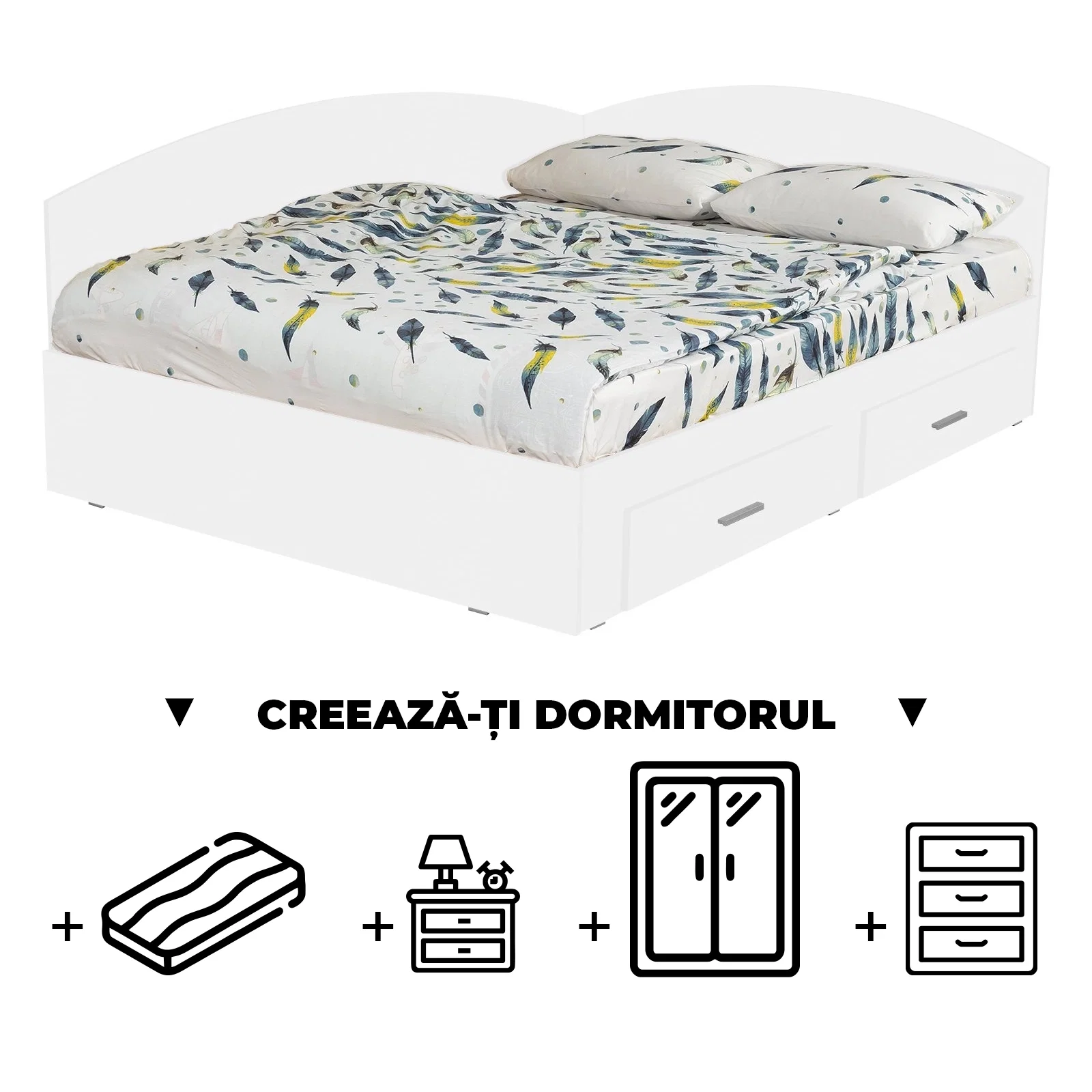 Creeaza-ti Dormitorul ALMA, alb, de la Pat Colt 160x200 cm, cu 2 sertare laterale pe role, adauga Saltea, Noptiere, Comoda, Dulap Creeaza-ti Dormitorul ALMA, alb, de la Pat Colt 160x200 cm, cu 2 sertare laterale pe role, adauga Saltea, Noptiere, Comoda, Dulap
