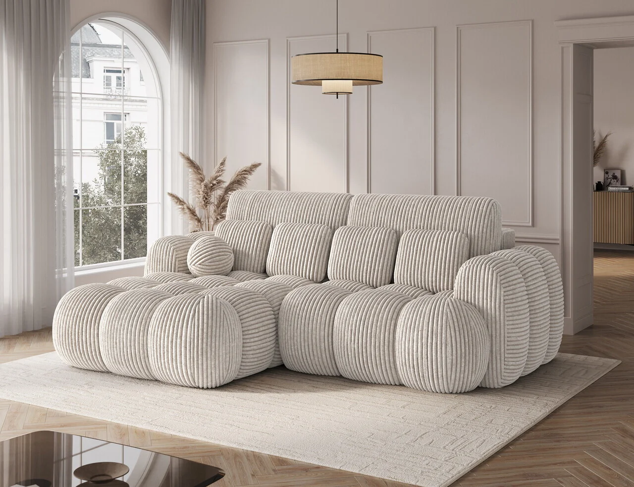 Coltar extensibil stanga 4 locuri ELTAP, Covelion, 260x167x105 cm, lemn/catifea din poliester, alb murdar Coltar extensibil stanga 4 locuri ELTAP, Covelion, 260x167x105 cm, lemn/catifea din poliester, alb murdar
