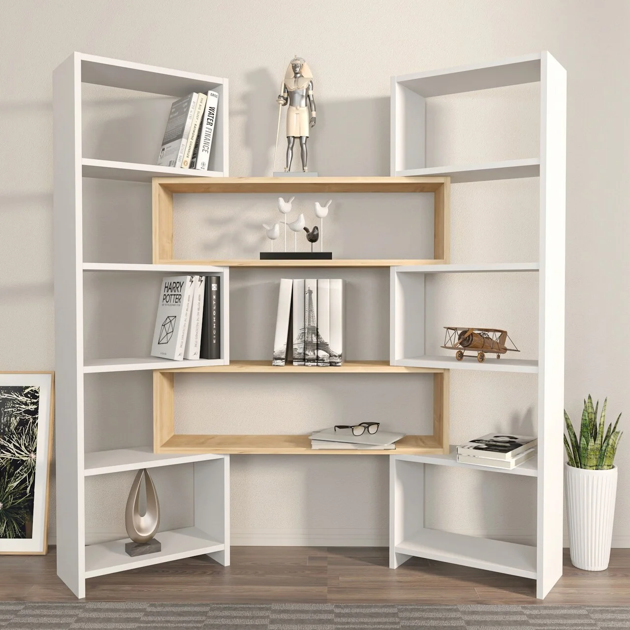 Corp biblioteca, Hanah Home, Poyraz, 163.5x150x22 cm, Alb / Stejar Corp biblioteca, Hanah Home, Poyraz, 163.5x150x22 cm, Alb / Stejar