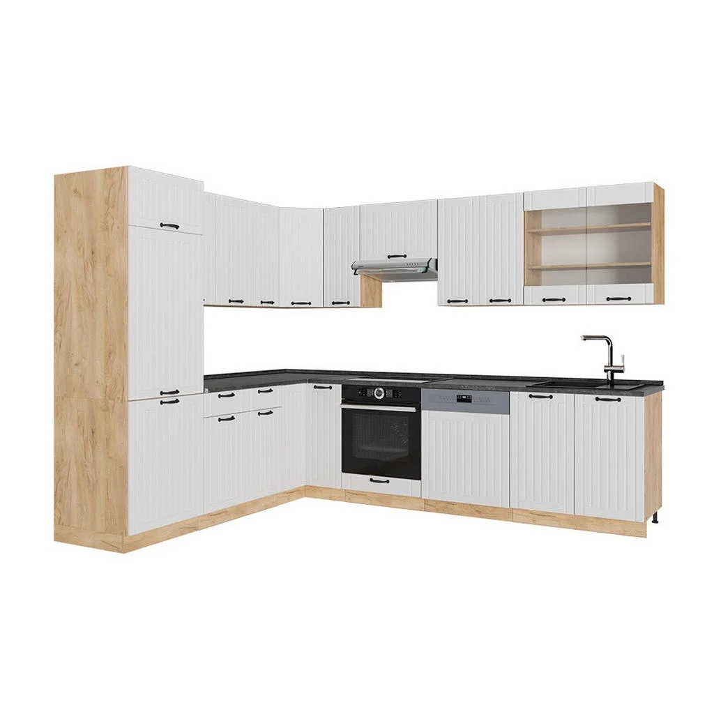 BUCĂTĂRIE PE COLȚ Fame-Line, Casă de țară albă/Stejar auriu, 287 x 227 cm fara blat BUCĂTĂRIE PE COLȚ Fame-Line, Casă de țară albă/Stejar auriu, 287 x 227 cm fara blat