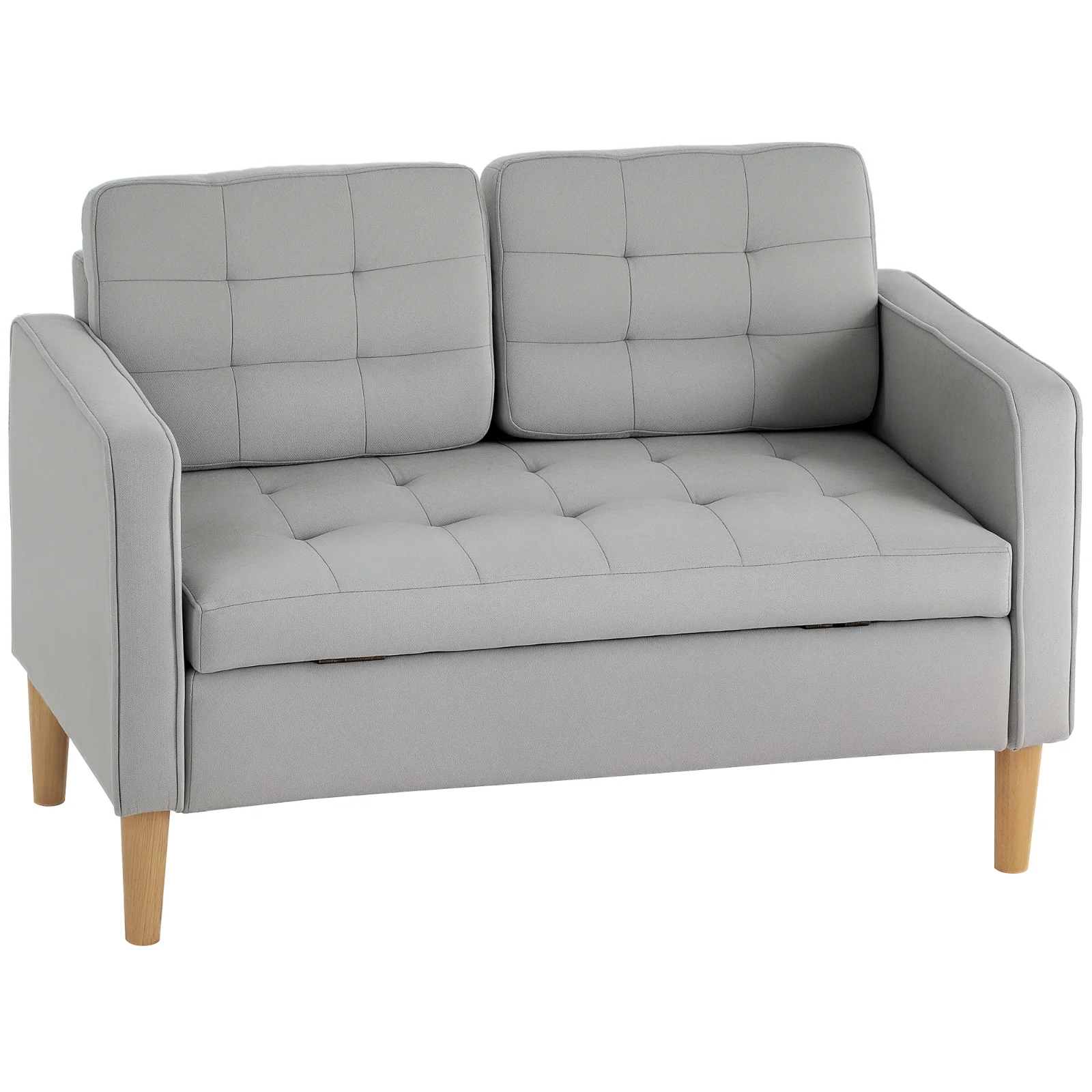 HOMCOM Canapea cu Două Locuri cu Spațiu de Depozitare, Butoniera, Perne, Lemn de Cauțiuc, 117x62x78 cm, Gri Deschis | Aosom Romania HOMCOM Canapea cu Două Locuri cu Spațiu de Depozitare, Butoniera, Perne, Lemn de Cauțiuc, 117x62x78 cm, Gri Deschis | Aosom Romania