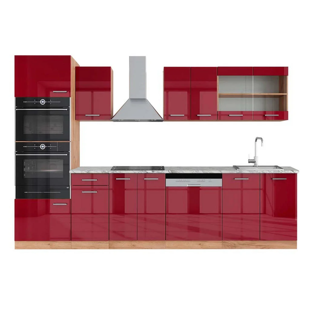 KITCHENETTE R-Line Stejar roșu/golden lucios 300 cm cu dulap înalt, marmură AP KITCHENETTE R-Line Stejar roșu/golden lucios 300 cm cu dulap înalt, marmură AP
