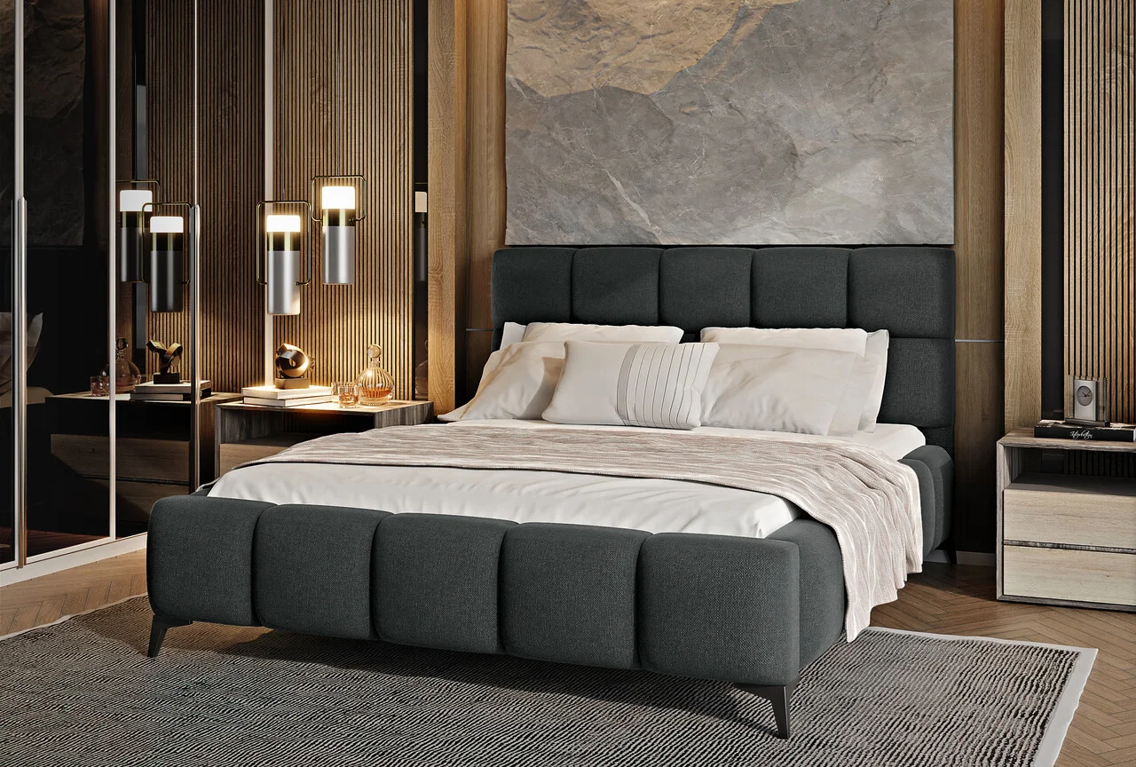 Pat tapitat cu somiera si lada depozitare, 160x200 cm, ELTAP, BE-MIS-05VER, Mist, lemn/poliester, gri inchis Pat tapitat cu somiera si lada depozitare, 160x200 cm, ELTAP, BE-MIS-05VER, Mist, lemn/poliester, gri inchis
