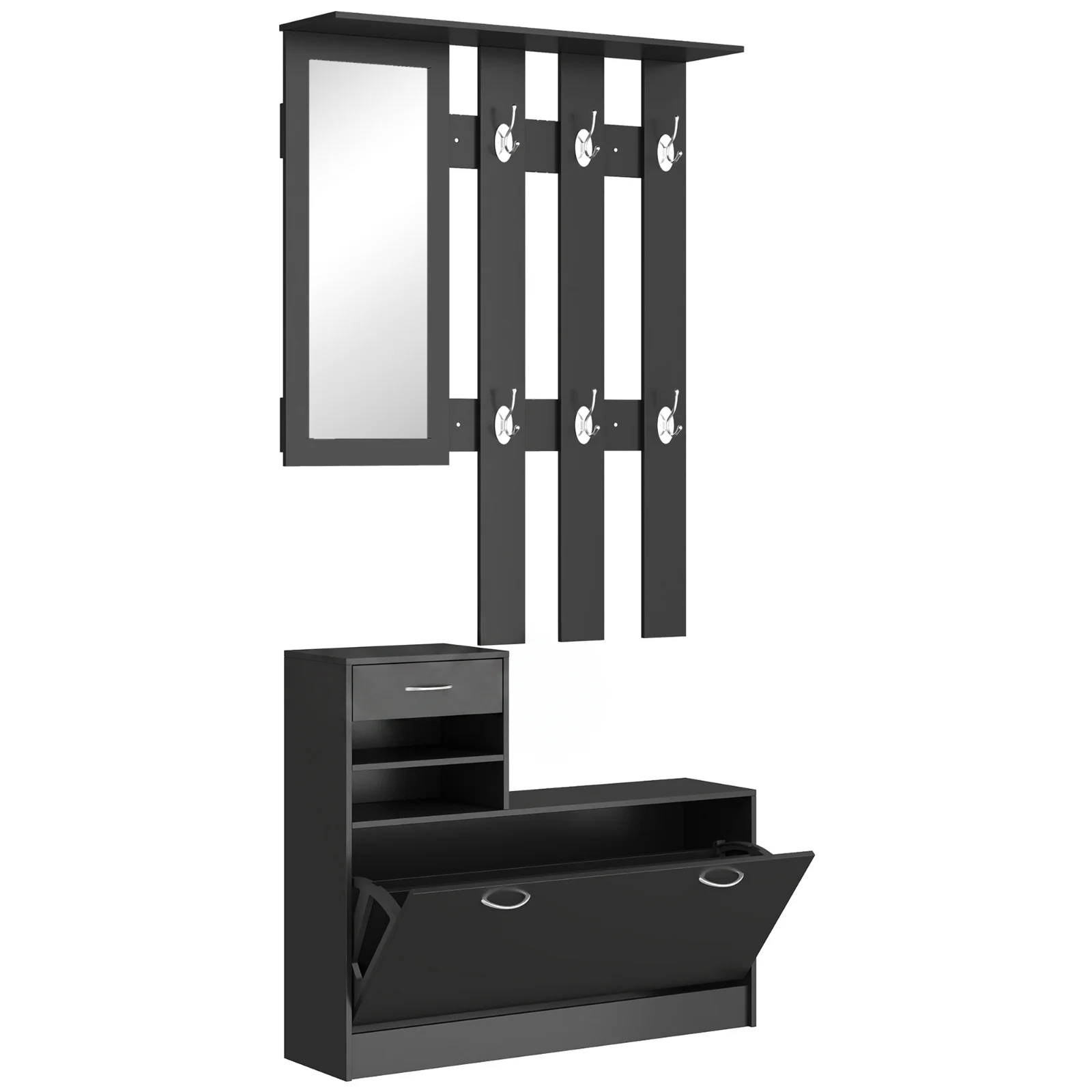 HOMCOM Dulap pentru Intrare Cuier cu Pantofar si Oglinda, Rafturi si Sertar, Dulap Cuier din PAL, 90x10x102 cm, Negru HOMCOM Dulap pentru Intrare Cuier cu Pantofar si Oglinda, Rafturi si Sertar, Dulap Cuier din PAL, 90x10x102 cm, Negru