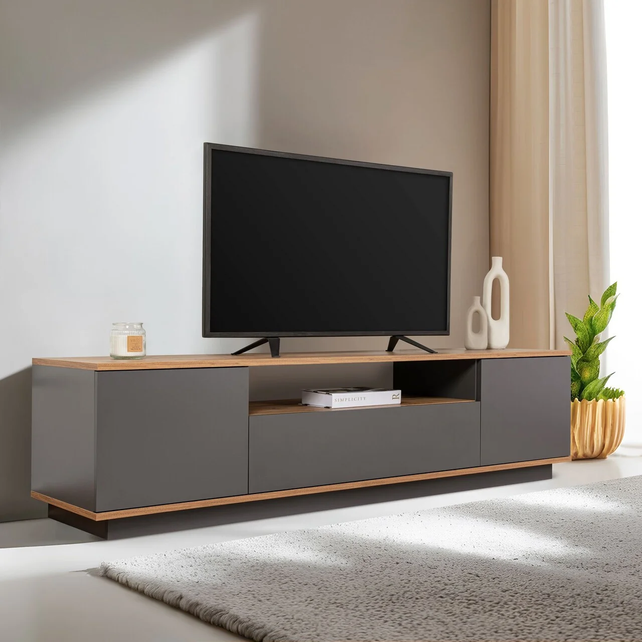Comoda TV, Hanah Home, Veramont, 180x44.6x44.5 cm, PAL, Antracit / Pin Atlantic Comoda TV, Hanah Home, Veramont, 180x44.6x44.5 cm, PAL, Antracit / Pin Atlantic