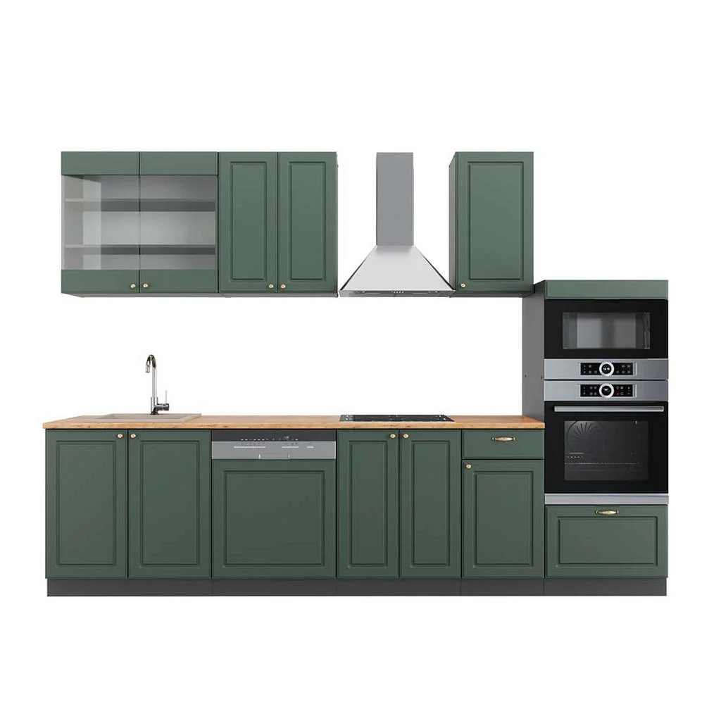 KITCHENETTE Fame-Line Casă de țară verde-aurie/antracit 300 cm cu dulap înalt, stejar AP KITCHENETTE Fame-Line Casă de țară verde-aurie/antracit 300 cm cu dulap înalt, stejar AP
