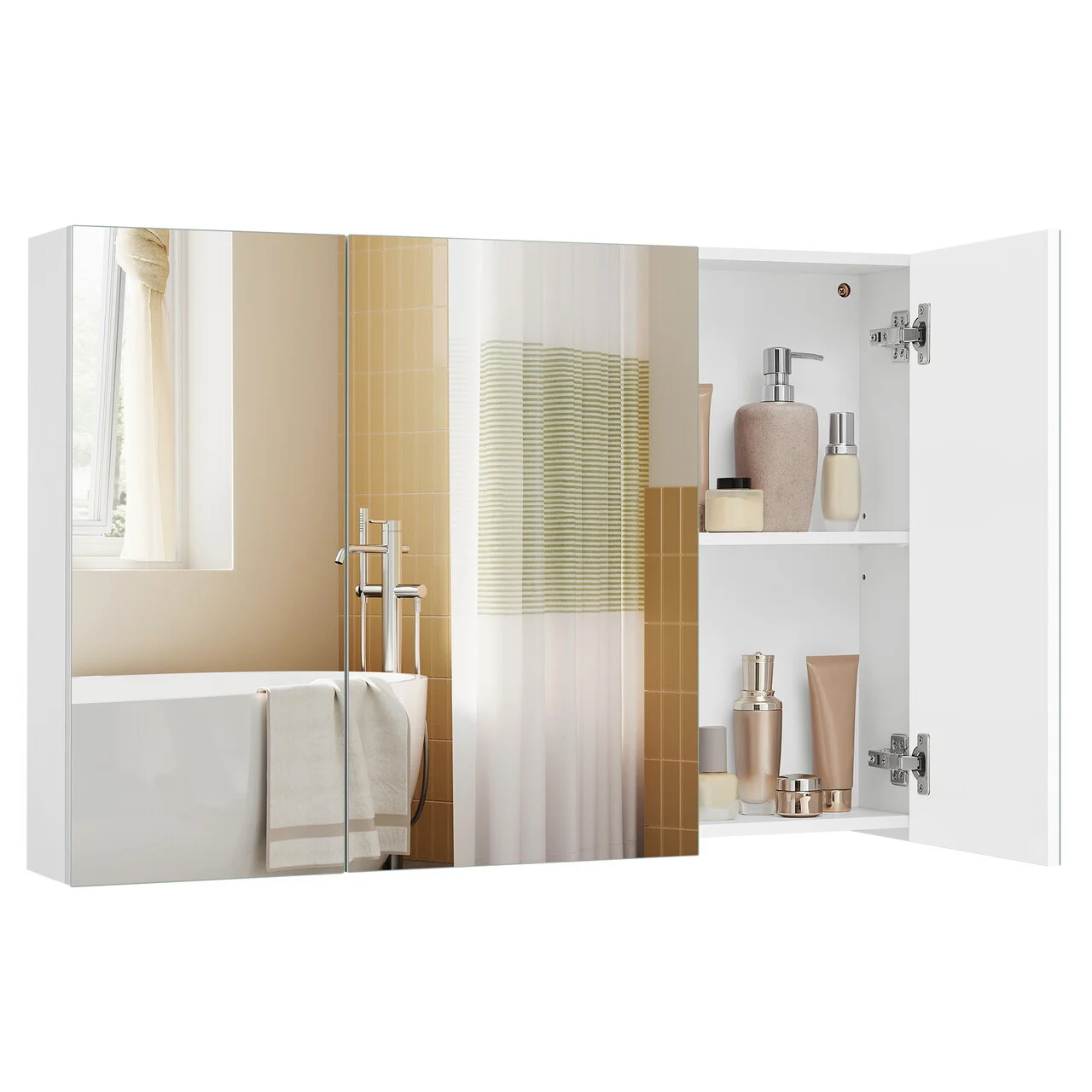 Dulap baie cu oglinda Vasagle, 3 usi si rafturi reglabile, 90x15x60 cm, PAL/sticla, alb Dulap baie cu oglinda Vasagle, 3 usi si rafturi reglabile, 90x15x60 cm, PAL/sticla, alb
