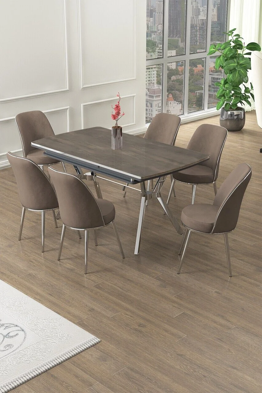 Set masa extensibila si scaune (7 piese), Hanah Home, Poy, Antracit / Crom / Cappuccino Set masa extensibila si scaune (7 piese), Hanah Home, Poy, Antracit / Crom / Cappuccino