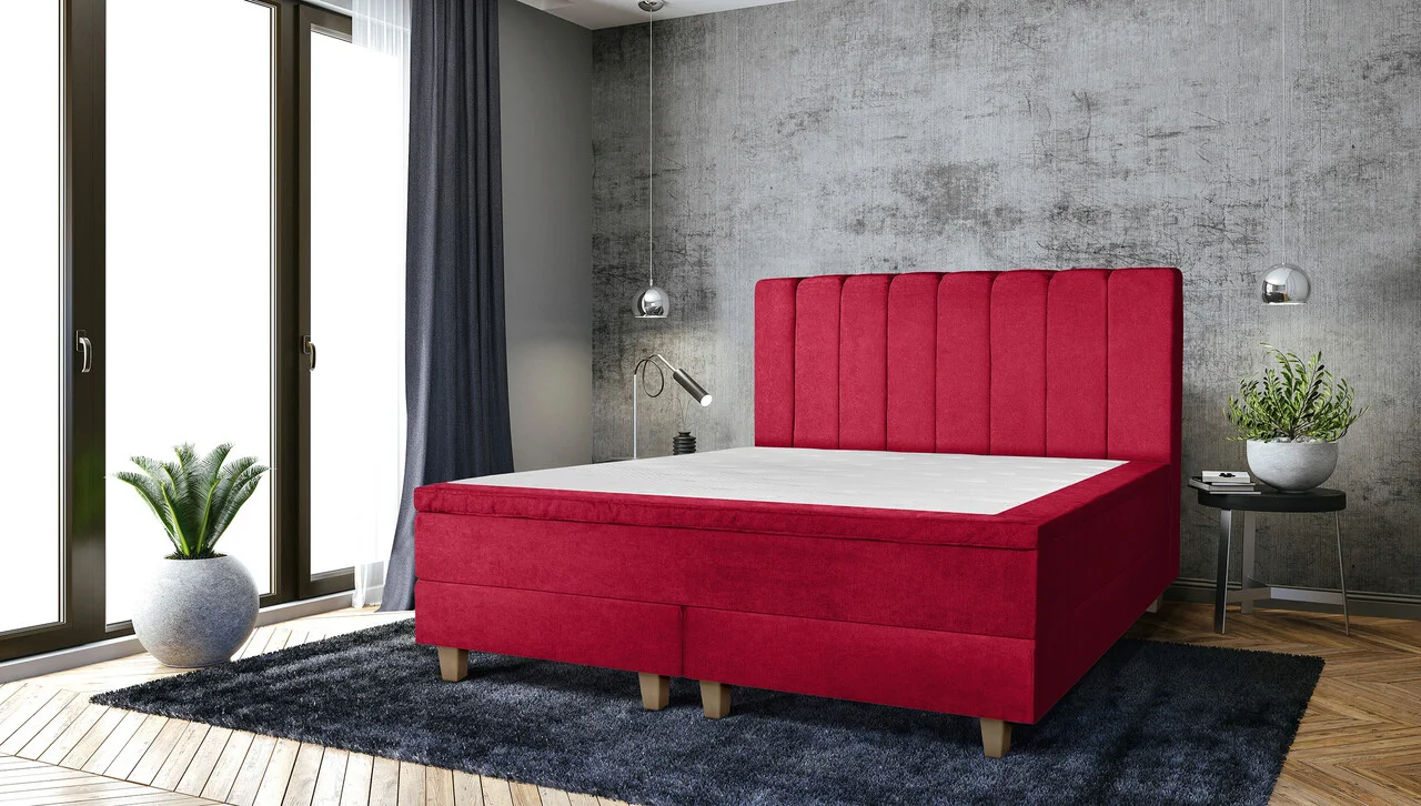 Pat matrimonial, Stockholm, Lines E, 160x200 cm, saltea tip Pocket, topper memory, Rosu Pat matrimonial, Stockholm, Lines E, 160x200 cm, saltea tip Pocket, topper memory, Rosu