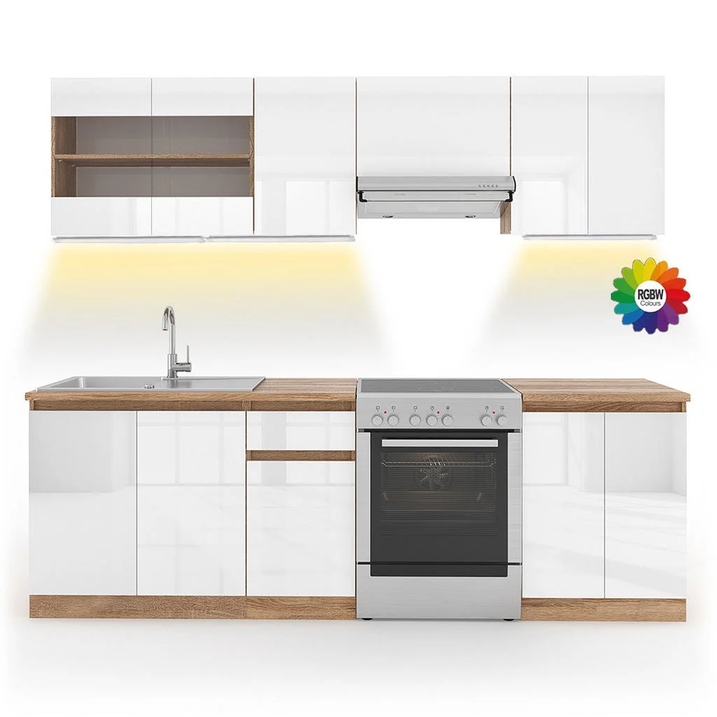 UNITATE DE BUCĂTĂRIE R-Line, Alb lucios ridicat/Alb, 240 cm, AP Sonoma cu benzi LED UNITATE DE BUCĂTĂRIE R-Line, Alb lucios ridicat/Alb, 240 cm, AP Sonoma cu benzi LED