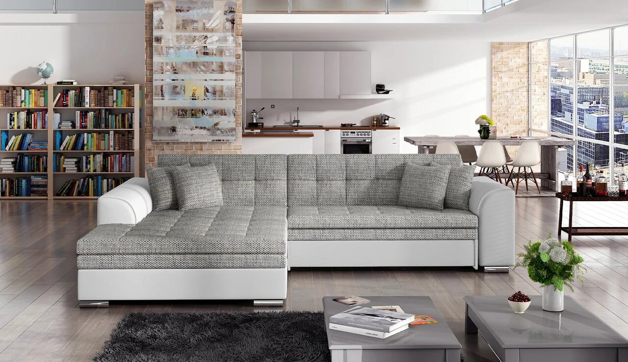 Coltar extensibil stanga 4 locuri, ELTAP, Sorento, 296x194x78 cm, lemn/poliester, grej/alb Coltar extensibil stanga 4 locuri, ELTAP, Sorento, 296x194x78 cm, lemn/poliester, grej/alb