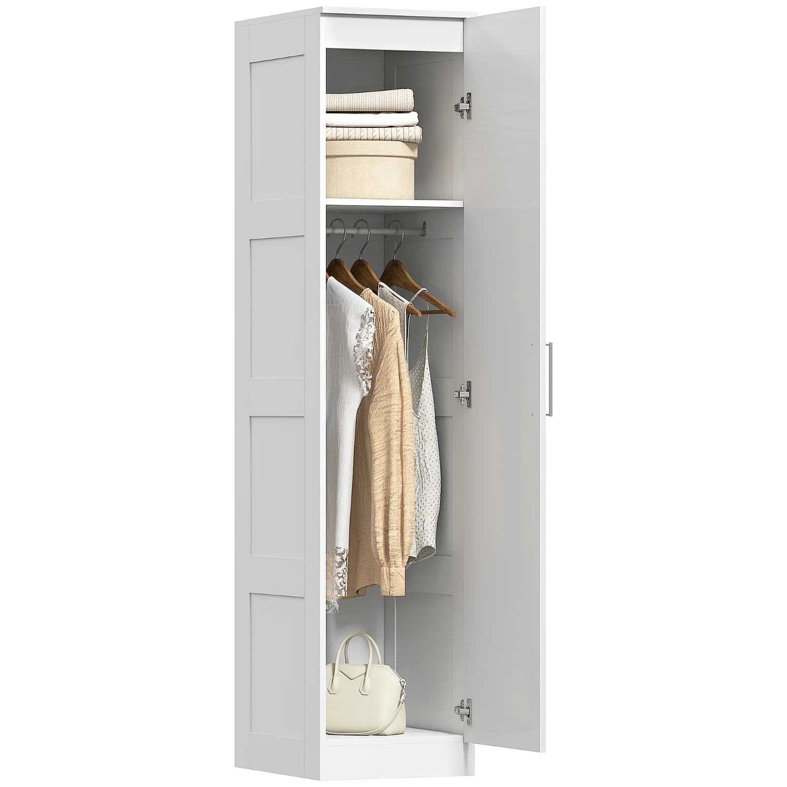 HOMCOM Șifonier Multifuncțional cu Șină pentru Haine, Raft, Ușă cu Închidere Ușoară 40 x 52 x 180 cm Alb | Aosom Romania HOMCOM Șifonier Multifuncțional cu Șină pentru Haine, Raft, Ușă cu Închidere Ușoară 40 x 52 x 180 cm Alb | Aosom Romania