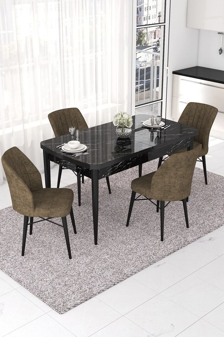 Set masa extensibila si scaune (5 piese), Hanah Home, Nef, Model de marmură neagră / Maro Set masa extensibila si scaune (5 piese), Hanah Home, Nef, Model de marmură neagră / Maro