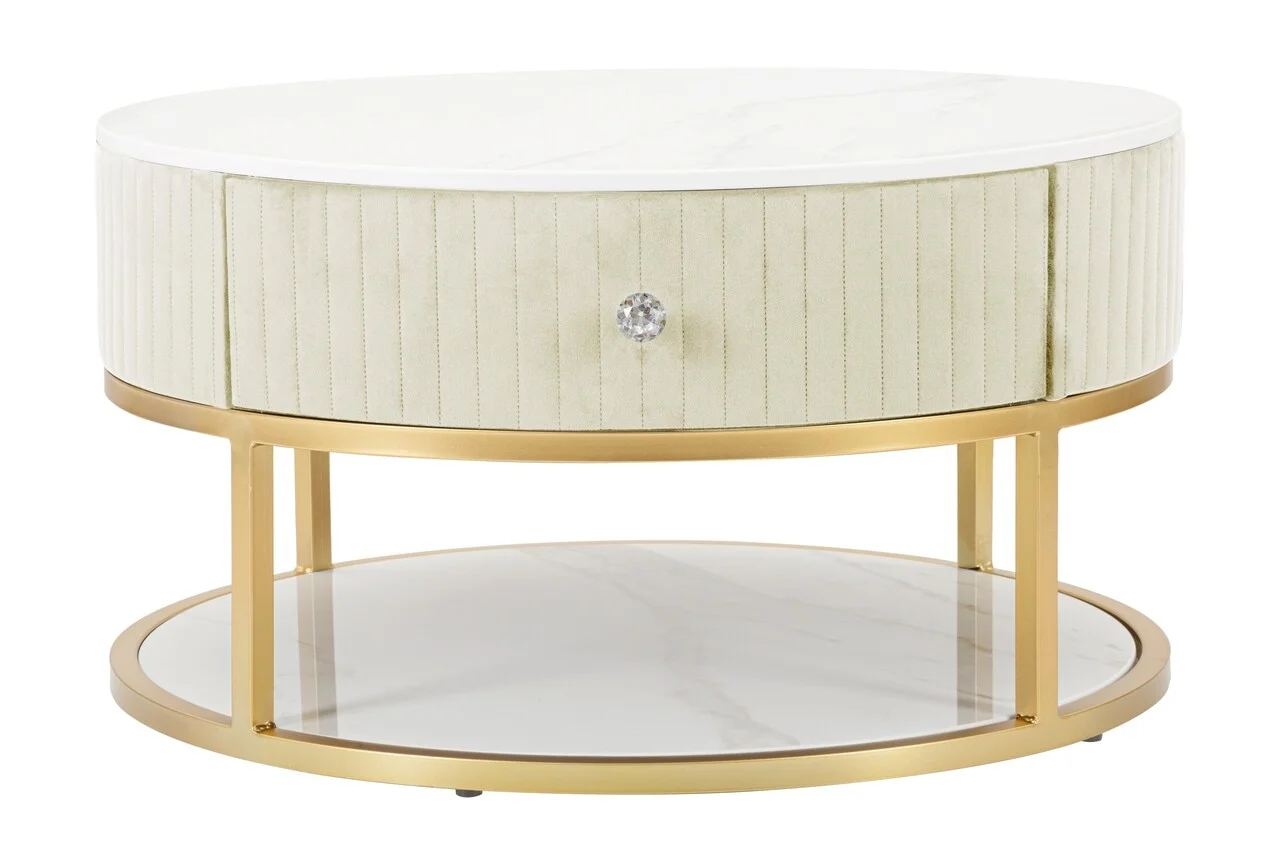 Masuta de cafea, Mauro Ferretti, Montpellier, Ø 75 x 36 cm, fier/lemn/piele ecologica, crem/auriu/alb Masuta de cafea, Mauro Ferretti, Montpellier, Ø 75 x 36 cm, fier/lemn/piele ecologica, crem/auriu/alb