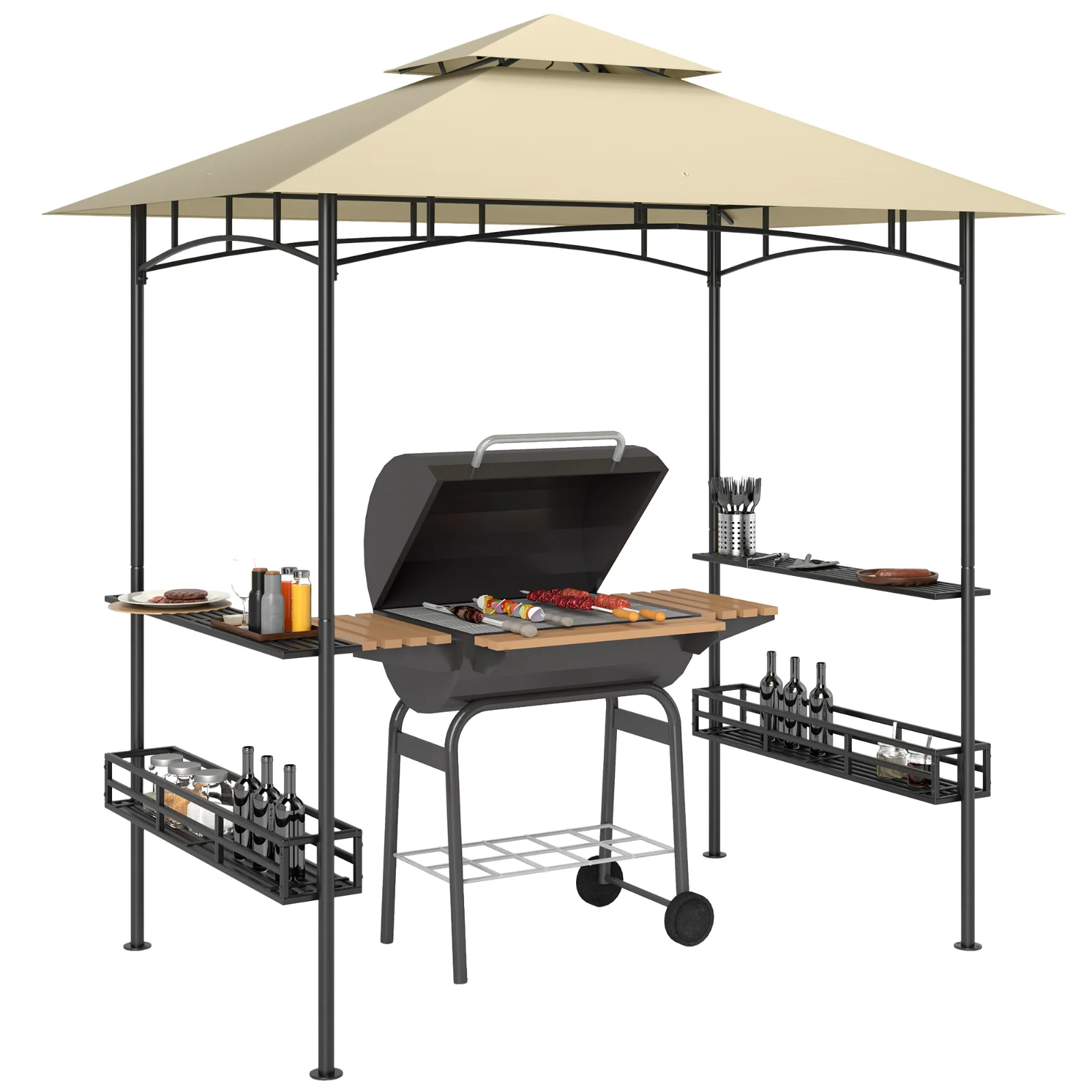 Outsunny Cort de Grătar, Cort de BBQ, Foisor de Grădină cu 2 Rafturi, Coșuri de Depozitare, Carlige, pentru Terasă, Bej | Aosom Romania Outsunny Cort de Grătar, Cort de BBQ, Foisor de Grădină cu 2 Rafturi, Coșuri de Depozitare, Carlige, pentru Terasă, Bej | Aosom Romania