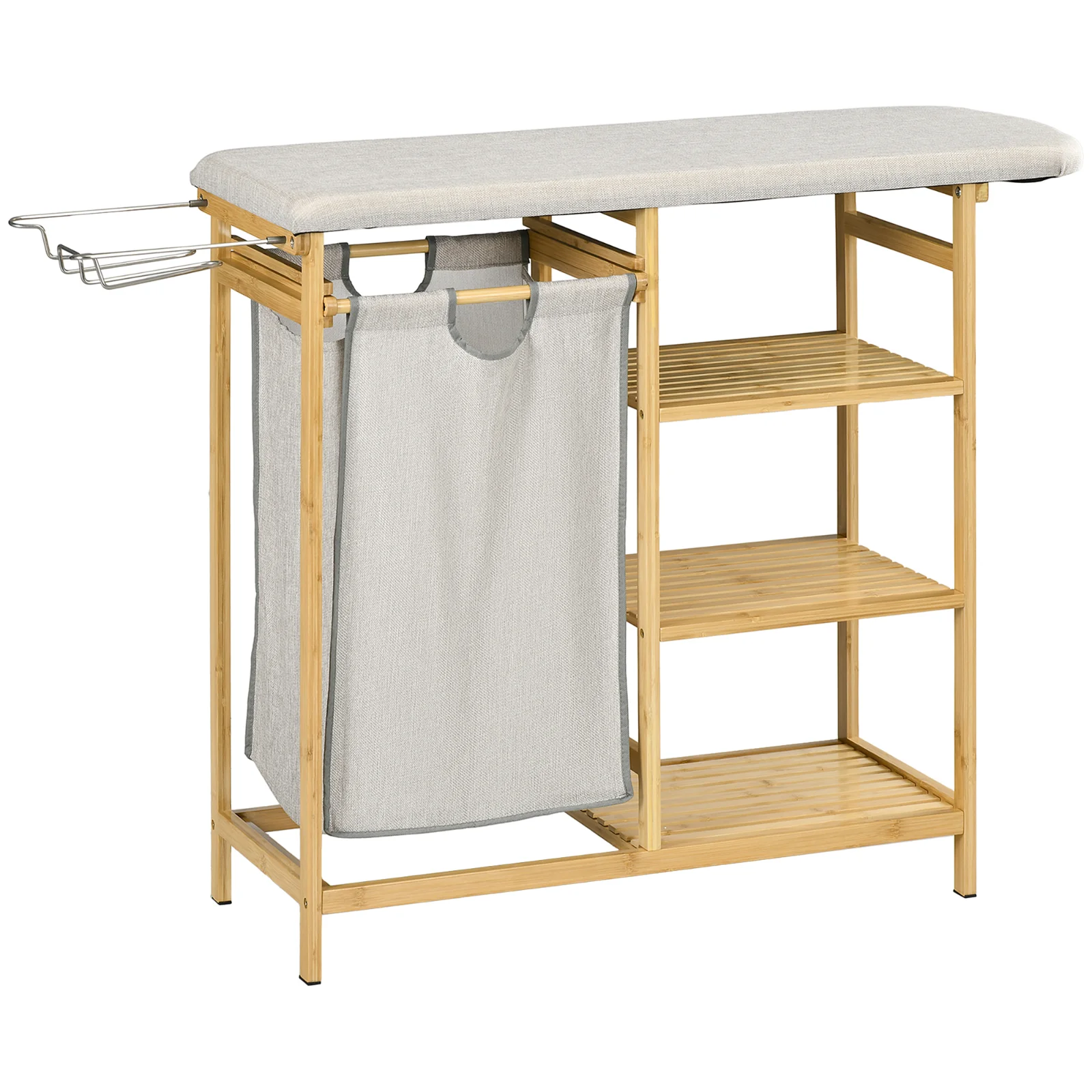 HOMCOM Coș de Rufe din Bambus cu Masă de Călcat și Suport de Călcat, Coș de Rufe cu Raft cu 3 Niveluri, 113x34x82 cm, Gri HOMCOM Coș de Rufe din Bambus cu Masă de Călcat și Suport de Călcat, Coș de Rufe cu Raft cu 3 Niveluri, 113x34x82 cm, Gri