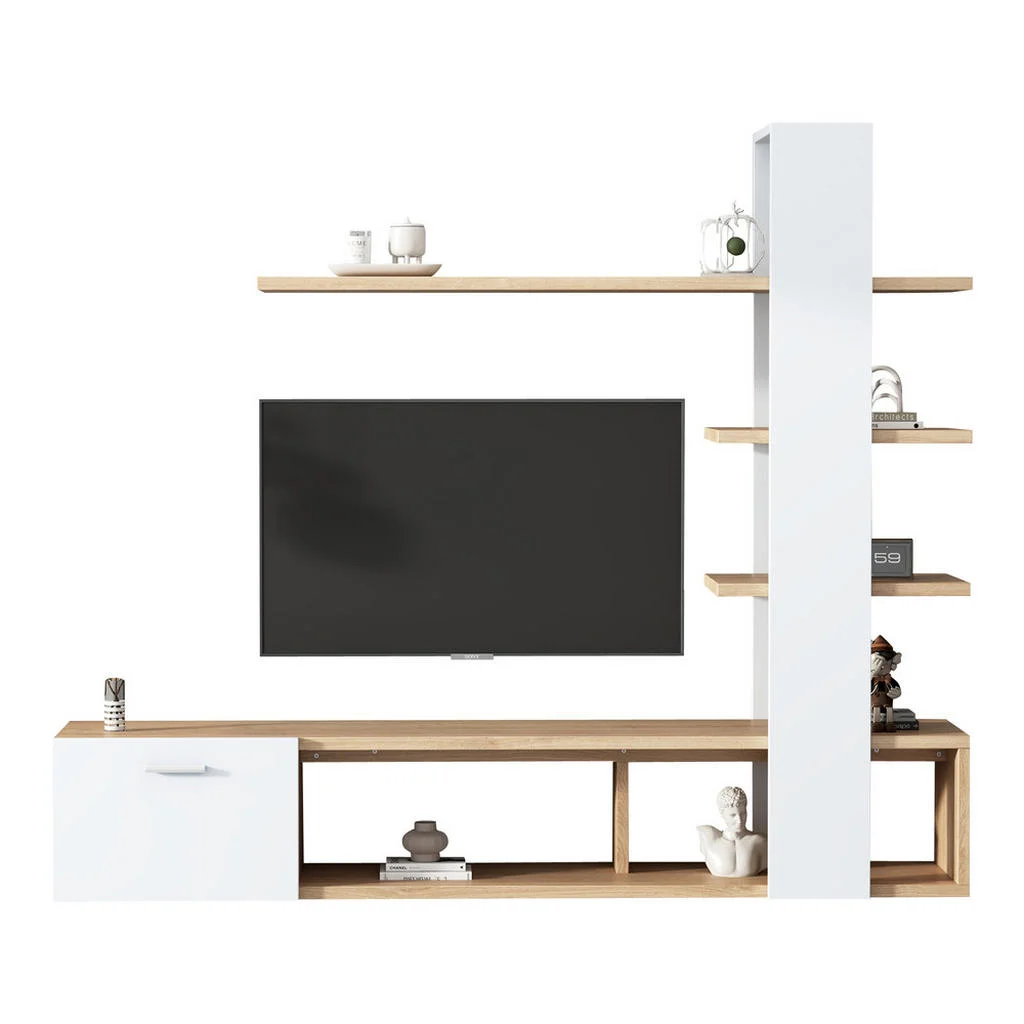 SET COMODĂ TV 180x33,5x151,5cm Albă cu aspect stejar SET COMODĂ TV 180x33,5x151,5cm Albă cu aspect stejar