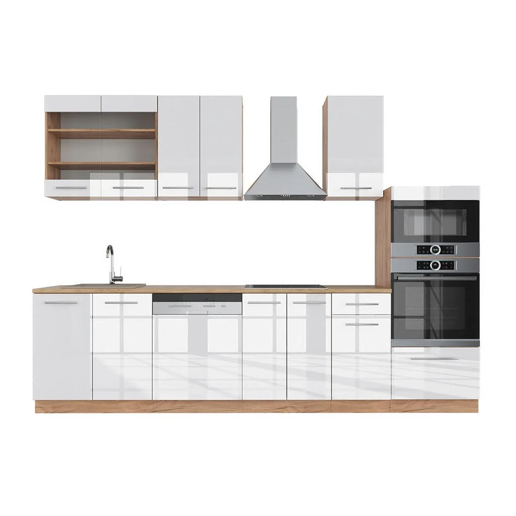 KITCHENETTE Fame-Line Alb lucios/stejar Goldkraft 300 cm cu dulap înalt, fără blat KITCHENETTE Fame-Line Alb lucios/stejar Goldkraft 300 cm cu dulap înalt, fără blat