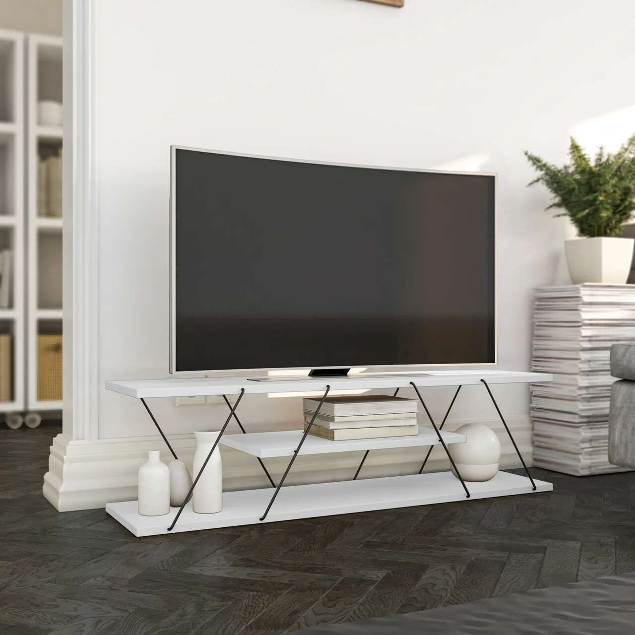 Comoda TV Canaz, Kalune Design, 120x30x33 cm, alb/negru Comoda TV Canaz, Kalune Design, 120x30x33 cm, alb/negru