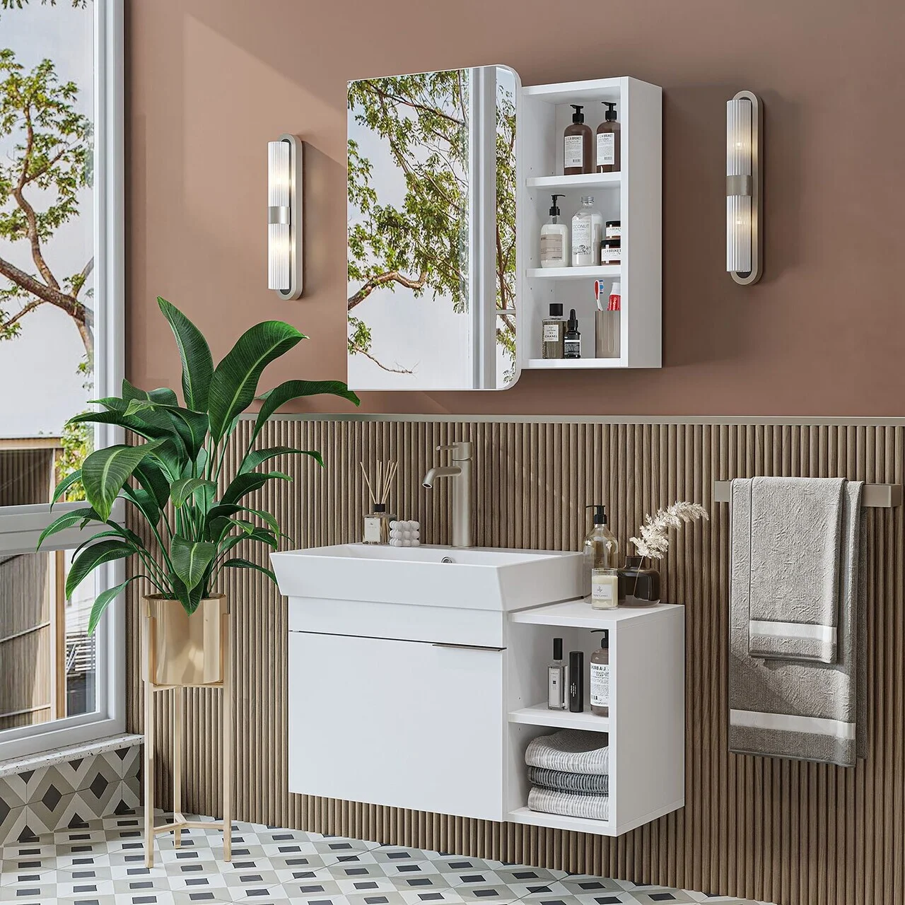 Set Dulap de Baie cu Chiuvetă și Oglindă (2 Piese), Hanah Home, 2918, MDF, Alb Set Dulap de Baie cu Chiuvetă și Oglindă (2 Piese), Hanah Home, 2918, MDF, Alb