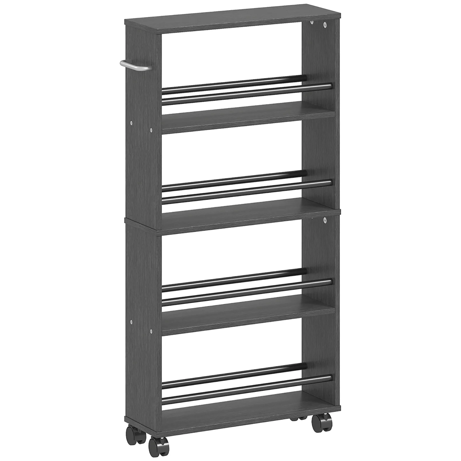 HOMCOM Raft multifuncțional cu roți, design îngust, 4 compartimente, 45x15x91 cm, Negru | Aosom Romania HOMCOM Raft multifuncțional cu roți, design îngust, 4 compartimente, 45x15x91 cm, Negru | Aosom Romania